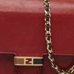 Pre Owned Fendi Red/Burgundy Leather FF Flap Wallet On Chain