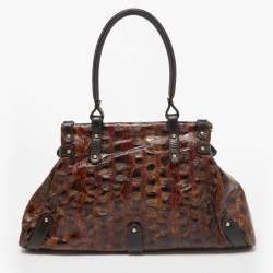 Pre Owned Fendi Brown Tortoise Embossed Leather Medium Magic Top Handle Bag
