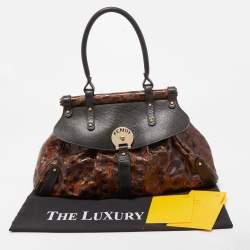 Pre Owned Fendi Brown Tortoise Embossed Leather Medium Magic Top Handle Bag