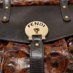 Pre Owned Fendi Brown Tortoise Embossed Leather Medium Magic Top Handle Bag