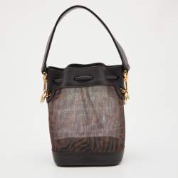 Pre Owned Fendi Tobacco Zucca  Mesh and Leather Mini Mon Tresor Bucket Bag
