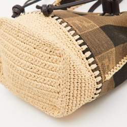 Pre Owned Fendi Tobacco/Cream Zucca Canvas and Raffia Mini Mon Tresor Bucket Bag