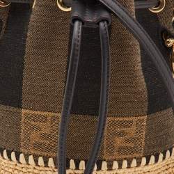 Pre Owned Fendi Tobacco/Cream Zucca Canvas and Raffia Mini Mon Tresor Bucket Bag