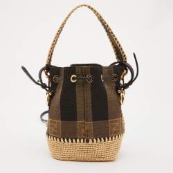 Pre Owned Fendi Tobacco/Cream Zucca Canvas and Raffia Mini Mon Tresor Bucket Bag