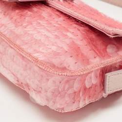 Fendi Pink Sequin Embellished Satin And Watersnake Medium Baguette Bag