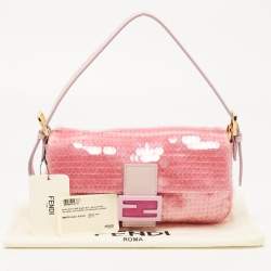Fendi Pink Sequin Embellished Satin And Watersnake Medium Baguette Bag