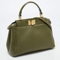 Pre Owned Fendi Olive Green Leather Mini Peekaboo Top Handle Bag