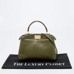 Pre Owned Fendi Olive Green Leather Mini Peekaboo Top Handle Bag