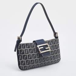 Pre Owned Fendi Blue Zucchino Canvas and Leather FF Flap Pochette Bag