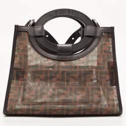 Pre Owned Fendi Tobacco Zucca Mesh Nylon and Leather Small Runaway Shopper Top Handle Bag
