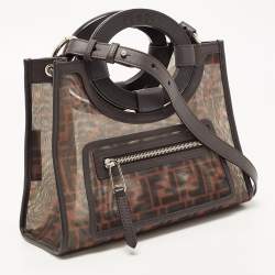 Pre Owned Fendi Tobacco Zucca Mesh Nylon and Leather Small Runaway Shopper Top Handle Bag