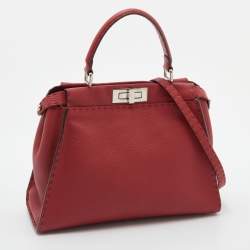 Pre Owned Fendi Red Selleria Leather Medium Peekaboo Top Handle Bag