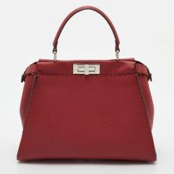 Pre Owned Fendi Red Selleria Leather Medium Peekaboo Top Handle Bag