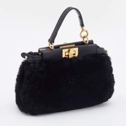 Pre Owned Fendi Black Shearling and Leather Micro Peekaboo Bag