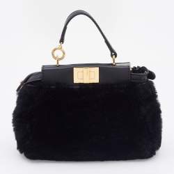 Pre Owned Fendi Black Shearling and Leather Micro Peekaboo Bag