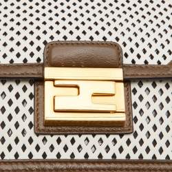 Pre Owned Fendi White/Olive Green Perforeted Leather Small Kan U Shoulder Bag
