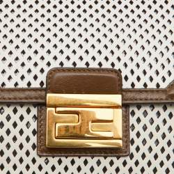 Pre Owned Fendi White/Olive Green Perforeted Leather Small Kan U Shoulder Bag