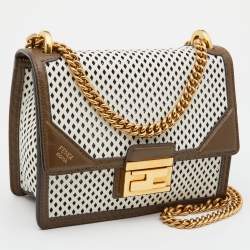 Pre Owned Fendi White/Olive Green Perforeted Leather Small Kan U Shoulder Bag