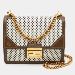 Pre Owned Fendi White/Olive Green Perforeted Leather Small Kan U Shoulder Bag