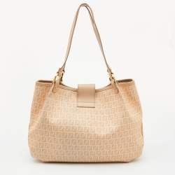 Pre Owned Fendi Beige Zucchino Coated Canvas and Leather Chiusura Hobo