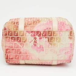 Pre Owned Fendi Beige/Red Printed Zucchino Fabric and Leather Small Forever Bauletto Bag