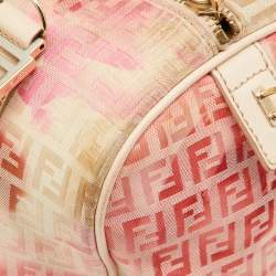 Pre Owned Fendi Beige/Red Printed Zucchino Fabric and Leather Small Forever Bauletto Bag