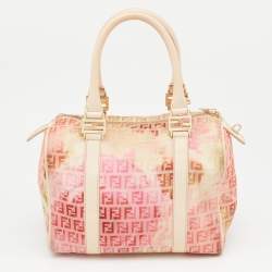 Pre Owned Fendi Beige/Red Printed Zucchino Fabric and Leather Small Forever Bauletto Bag