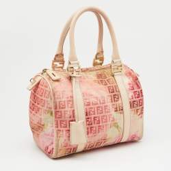 Pre Owned Fendi Beige/Red Printed Zucchino Fabric and Leather Small Forever Bauletto Bag