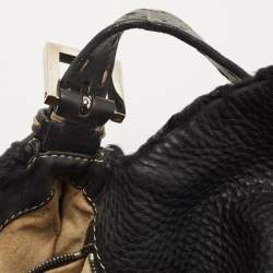 Fendi Black Selleria Leather and Astrakhan Fur Baguette Bag
