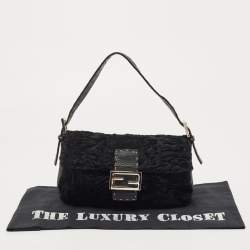 Fendi Black Selleria Leather and Astrakhan Fur Baguette Bag