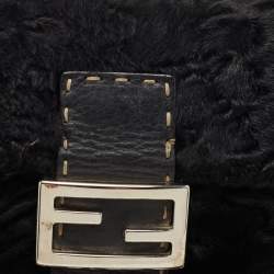 Fendi Black Selleria Leather and Astrakhan Fur Baguette Bag