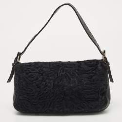 Fendi Black Selleria Leather and Astrakhan Fur Baguette Bag