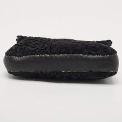 Fendi Black Selleria Leather and Astrakhan Fur Baguette Bag