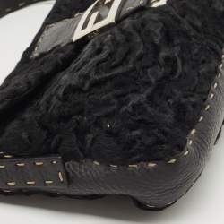 Fendi Black Selleria Leather and Astrakhan Fur Baguette Bag