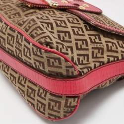 Pre Owned Fendi Magenta/Beige Zucchino Canvas and Leather Flap Shoulder Bag