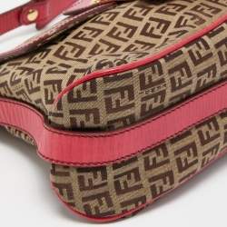 Pre Owned Fendi Magenta/Beige Zucchino Canvas and Leather Flap Shoulder Bag