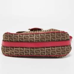 Pre Owned Fendi Magenta/Beige Zucchino Canvas and Leather Flap Shoulder Bag