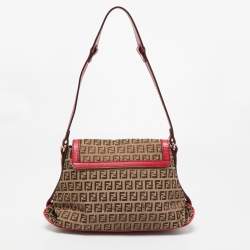 Pre Owned Fendi Magenta/Beige Zucchino Canvas and Leather Flap Shoulder Bag