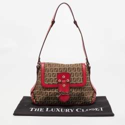 Pre Owned Fendi Magenta/Beige Zucchino Canvas and Leather Flap Shoulder Bag