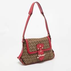 Pre Owned Fendi Magenta/Beige Zucchino Canvas and Leather Flap Shoulder Bag
