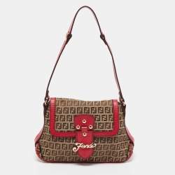 Pre Owned Fendi Magenta/Beige Zucchino Canvas and Leather Flap Shoulder Bag