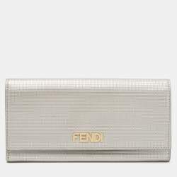 Fendi Silver Textured Leather Logo Flap Continental Wallet Fendi