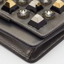 Pre Owned Fendi Metallic Dark Grey Leather Crystal Stud Tube Wallet On Chain