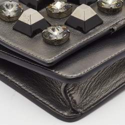 Pre Owned Fendi Metallic Dark Grey Leather Crystal Stud Tube Wallet On Chain