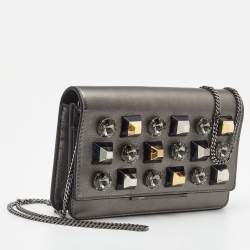 Pre Owned Fendi Metallic Dark Grey Leather Crystal Stud Tube Wallet On Chain