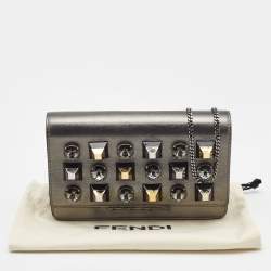Pre Owned Fendi Metallic Dark Grey Leather Crystal Stud Tube Wallet On Chain