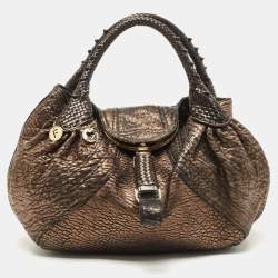Pre Owned Fendi Bronze Textured Leather Spy Hobo