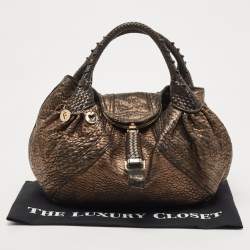 Pre Owned Fendi Bronze Textured Leather Spy Hobo