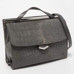 Pre Owned Fendi Grey Croc Embossed Calfhair and Leather Small Demi Jour Top Handle Bag
