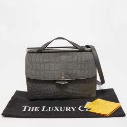 Pre Owned Fendi Grey Croc Embossed Calfhair and Leather Small Demi Jour Top Handle Bag